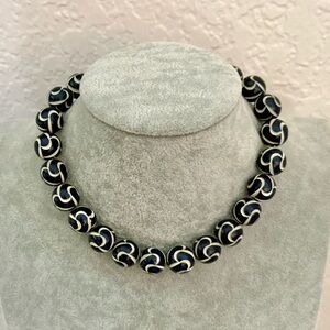 Vintage Deep Navy and Cream Carved Wood Bead Choker Necklace Germany